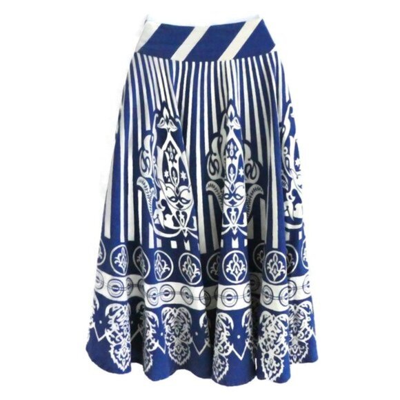 Anthropologie Maple Folk Dance Circle Skirt Blue White Border Lined Rockabilly 0 - Picture 2 of 12